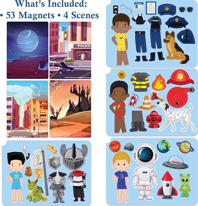 Hapinest Magnetic Heroes Pretend and Play Travel Playset Toy for Boys Ages 4 Years and Up, Fireman, Policeman, Knight, Astronaut