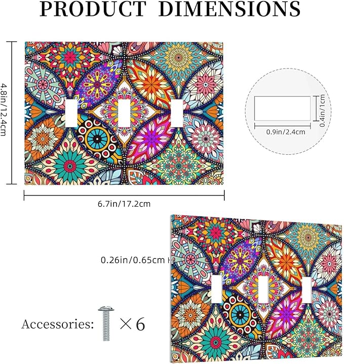Bohemian Triple Toggle Light Switch Cover Decorative 3 Gang Wall Platescolorful Vintage Floral Mandala Flower Electrical Faceplate for Decor Bathroom Kitchen Bedroom