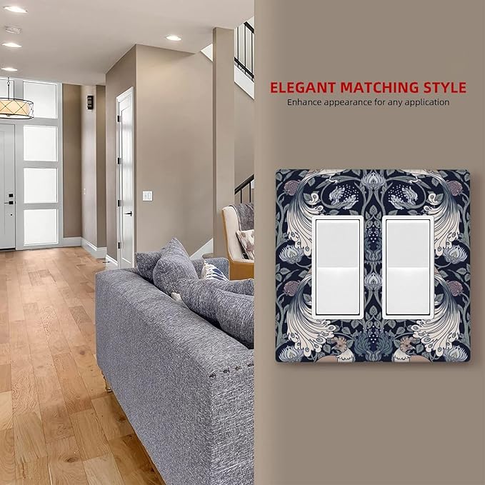 William Morris Vintage Floral Birds Peacocks 2 Gang Rocker Decora Light Switch Covers Dual Outlet Covers Wall Plate Decorative Switchplate Electrical Faceplate GFCI for Country Bedroom Decor