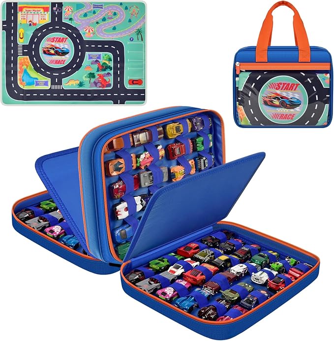 Toy Car Storage Bag for Hot Wheels for Matchbox for LEGO for AZEN for JOYIN for Tub Works Cars Toy Car Organizer Holder with Rug Race Track Mat for 96 Mini Cars - Blue (Case Only) (Blue+Playmat)