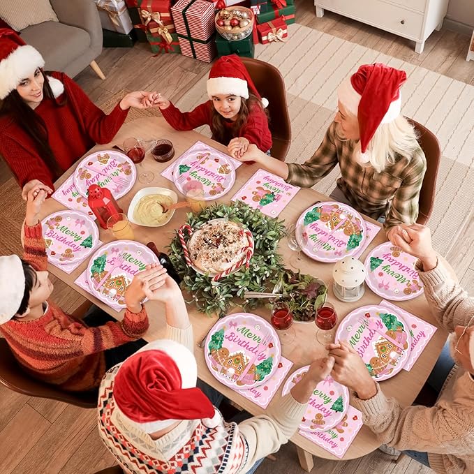 96 Pcs Gingerbread Birthday Party Plates Napkins Tableware Set Pink Christmas Party Supplies Disposable Dinnerware Merry Birthday Decoration Favors for Winter Xmas Baby Shower Holiday, 24 Guests