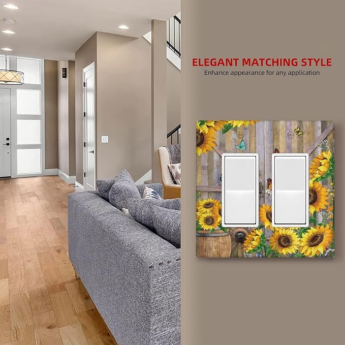 Rustic Sunflower Barn Door Country Wood Plank 2 Gang Rocker Decora Light Switch Covers Decorative Outlet Covers Wall Plate Electrical Faceplate Switchplate GFCI for Farmhouse Bathroom Bedroom Decor