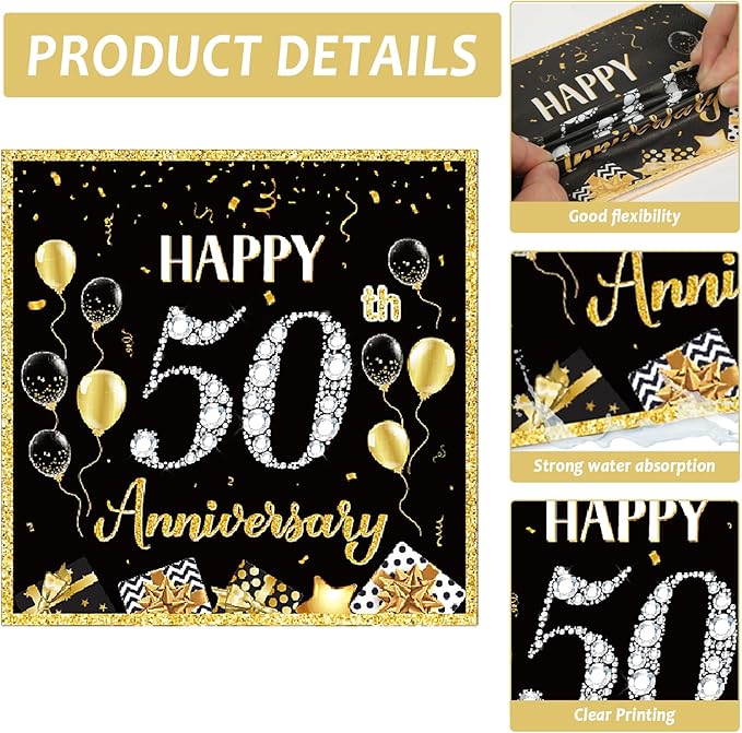 48Pcs 50th Anniversary Paper Plates Napkins Wedding Party Decorations Employee Career Retirements Party Supplies Black Gold Disposable Dinner Tableware Set for Birthday Anniversary Graduation Serve 24