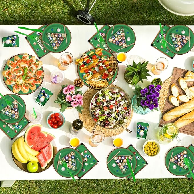 168Pcs Billiards Birthday Party Decorations Snooker Ball Sports Themed Plates Napkins Cups Forks Knives Spoons Disposable Paper Tableware for Billiards Theme Sports Party Supplies Serves 24