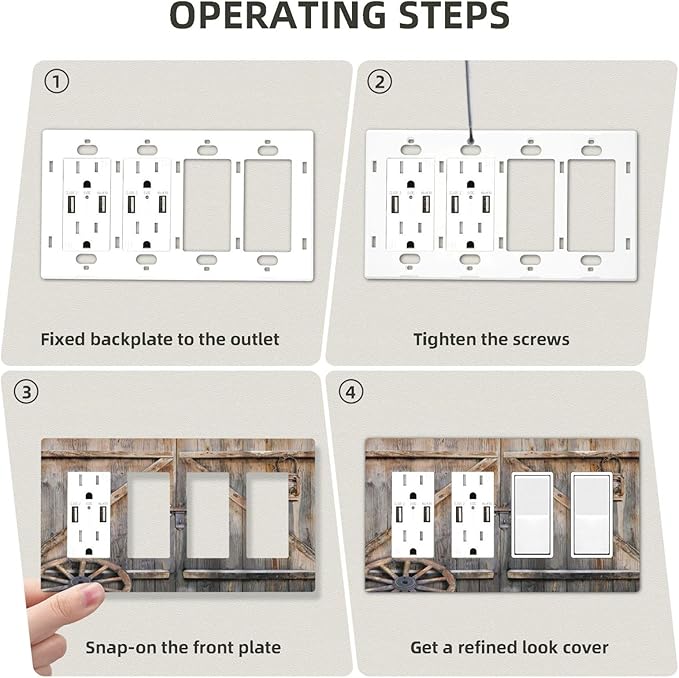 Wood Garage Barn Door Cabin 4 Gang Quad Rocker/GFCI/Decorator Light Switch Cover Plate Decorative Electric Faceplate Decorative Switchplate Screwless