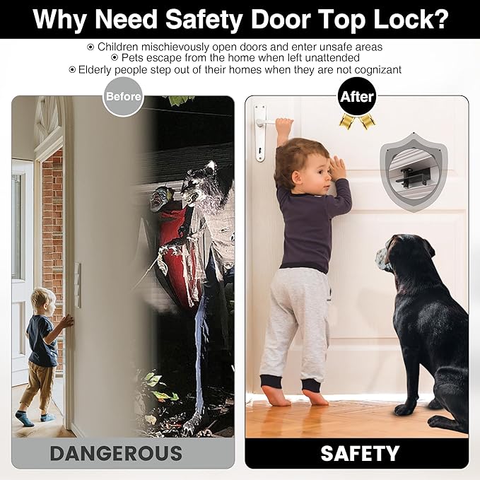 2 Pcs Adjustable Child Safety Door Top Lock, Child Safety Top Lock For Door, Metal Top Of Door Locks For Kids Safety, Door Top Lock For Interior Exterior French Door For Childproofing Black