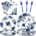 96 Pcs Peony Party Plates Napkins Tableware Set Blue Flower Supplies Disposable Dinnerware Navy Floral Party Decoration Favors for Summer Holiday Wedding Bridal Baby Shower Birthday, 24 Guests
