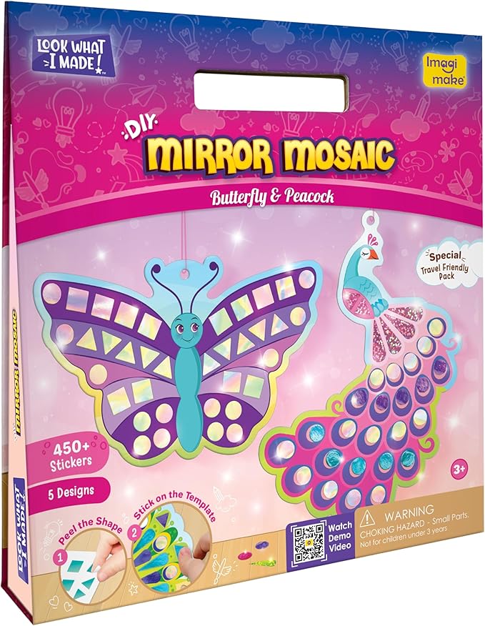Imagimake Mirror Mosaic Butterfly & Peacock Kids Art Set | DIY Craft Kit | Foil Stickers for Kids Age 3+ | Travel Crafts for Kids Ages 4-8 | Birthday Gift for Girls and Boys Ages 3,4,5,6,7