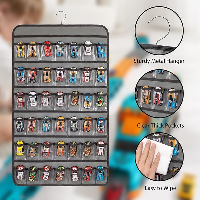 Toy Cars Wheels Storage Holder Matchbox Cars Organizer Dual Sided Hanging Toy Cars Display Case with 84 Clear Pockets (Dual Sides-Grey)