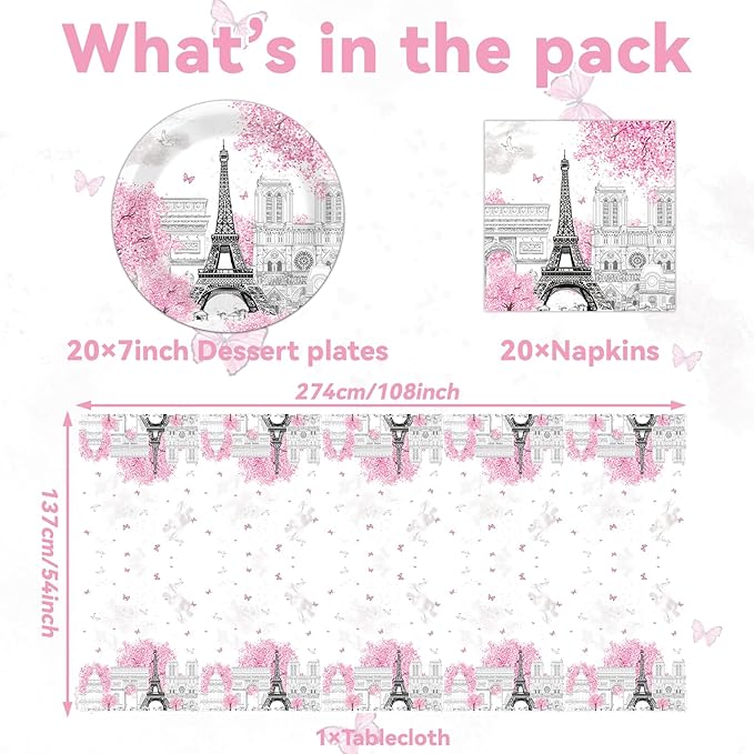 ZOIIWA Paris Themed Party Decorations Eiffel Tower Birthday Paper Plates and Napkins Tableware Set Pink Disposable Tablecloth for Baby Shower Decor Paris Party Supplies