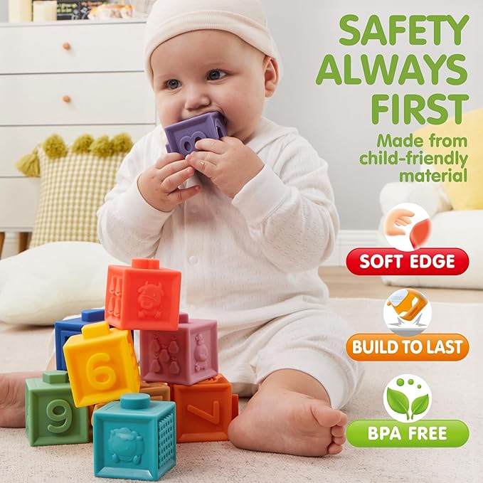 JOYIN Baby Toys - Montessori Toys for Babies, Food-Grade Sensory Present Infant Stacking Circles Teether, Blocks, 3D Stress Balls, Pull String, Learning Gifts for Baby Girls Boys