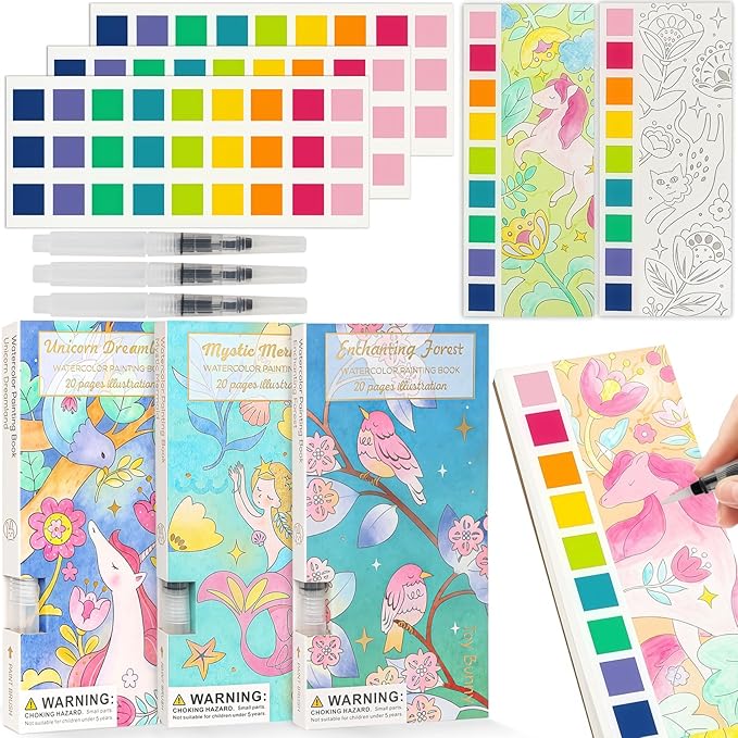 3pack Watercolor Painting Coloring Books, Paint with Water Arts & Crafts Kit for Kids, Pocket Watercolor Paint Bookmarks, Class Activities Art Supplies Party Favors Birthday Gift for Boys and Girls