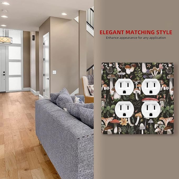 Cute Vintage Gothic Black Boho Floral Mushroom 2-Gang Device Duplex Wall Plate, Plant Fungus Forest Botany Tree Decorative Two Gang Double Duplex Receptacle Socket Outlet and Light Switch Cover Plate