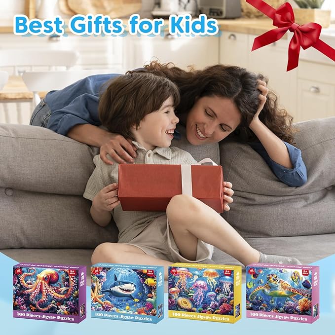 4 Pack 100 Piece Puzzles for Kids Ages 4-8, Large Piece Kids Puzzles Ages 4-6 6-8 8-10, Ocean Theme Jigsaw Puzzle Toys, Educational Family Puzzles Gifts for Boys and Girls