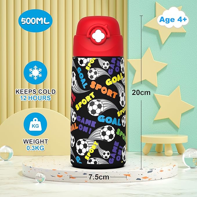 Boys Insulated Water Bottle with Covered Pop-Up Straw,16 oz Kids Cups with Stainless Steel Leak Proof for School（Red-Soccer）