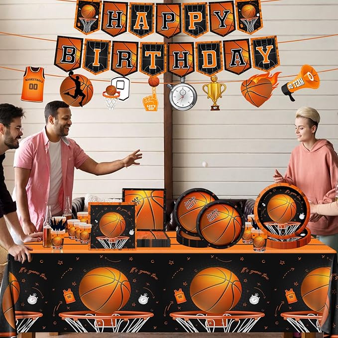 CMUSKO Basketball Party Supplies, 142Pcs Basketball Sports Theme Birthday Party Supplies Tableware Set,Include Basketball Plates and Napkins,Cups,Banner,Tablecloth for Basketball Birthday Decorations