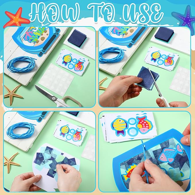 Chiisong 24 Sets Fishbowl Paper Crafts for Kids Summer Fish Tissue Paper Sign Craft Kit Make Your Own Aquarium DIY Paper Craft Art Projects for Kids Fun Classroom Home Activities, 4 Styles