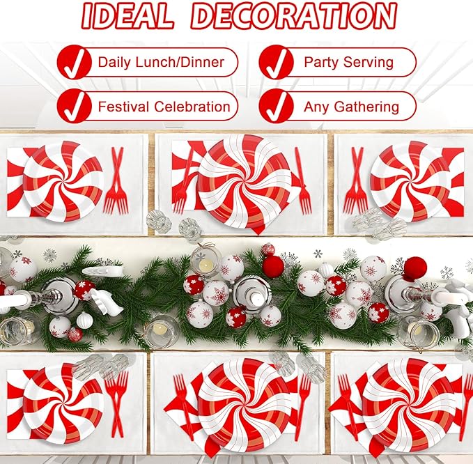100Pcs Christmas Peppermint Paper Plates and Napkins Party Supplies Candy Cane Party Tableware Set Red and White Striped Christmas Winter Party Decor Favors for Holiday Xmas Theme Party Serves 25