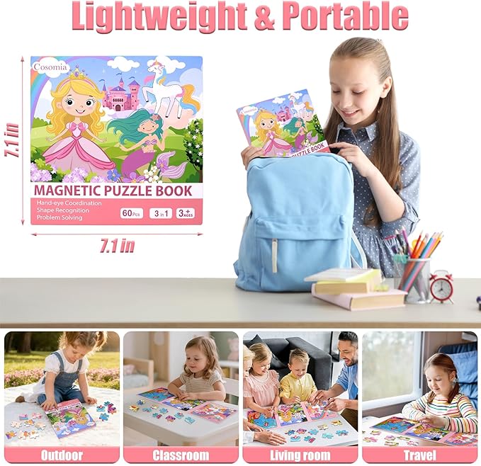 Magnetic Puzzles for Kids 3-5, 3-in-1 Princess Unicorn Mermaid Travel Puzzles for Kids Ages 4-6, Car Airplane Road Trip Activities Toys, Easter Day Gifts for Girls