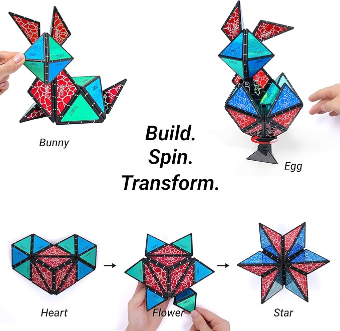 TOSY Magnet Pyramid Stone - 1 Cube Transforms into 1 Billion Shapes (Bunny, Egg Basket, Flowers, Heart), Easter Birthday Gift, 12 pcs, 243 Magnets, Holographic Design, Puzzle/STEM Toy