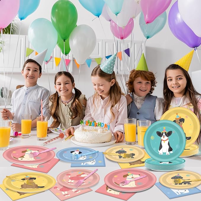 96Pcs Pet Dog Birthday Party Supplies Retro Puppy Themed Paper Plates Napkins Vintage Puppy Face Party Tableware Disposable Pet Dinnerware Decoration Set for Kids Birthday Baby Shower Table Decor