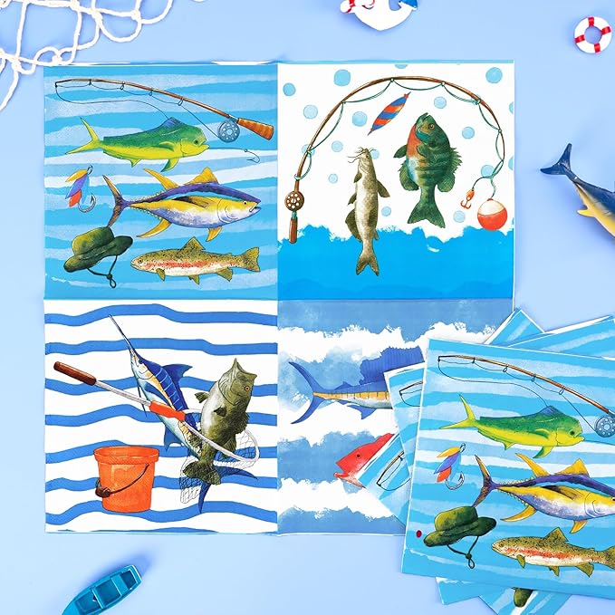 WERNNSAI Fishing Party Decorations - 48PCS Tropical Fish Birthday Party Decorations Fishing Plates Napkins Tablmeware Set for Boys Baby Shower Fisherman Birthday Party Decor Serves 16 Guests