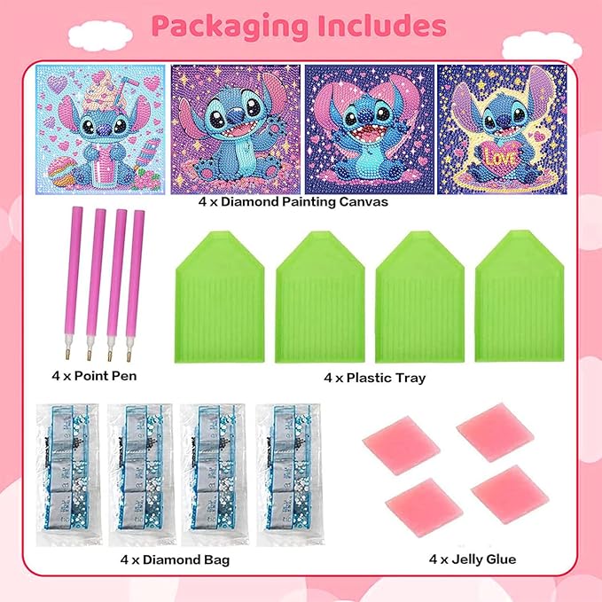 KOJEFCV 4 PCS Diamond Art Painting Kits for Kids,Cartoon Diamond Art for Kids Ages 4-8-12,Cartoon Gem Kit Crafts Beginners for Gift Home Wall Decor(6x6inch)