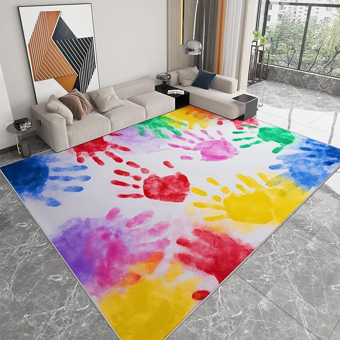 Abstract Handprint Pattern Washable Kids Area Rug 3×6ft Colorful Ultra Soft Non-Slip Rug for Nursery Kids Girls Boys Teen Dorm, Indoor Low-Pile Throw Carpet for Hallway Play Mat