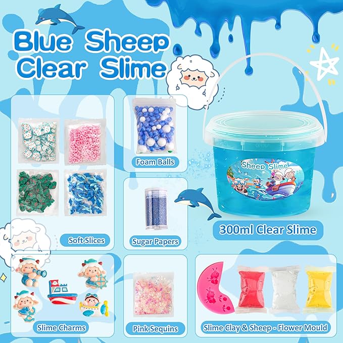 LAWOHO 300ml Ocean Clear Slime with Clay, Blue Slime Kit for Girls & Boys with 11 Packs Ocean Add-Ins for Kids Party Favors, Non Stick Sheep Clear Slimes for Birthday Halloween Christmas Easter Gifts