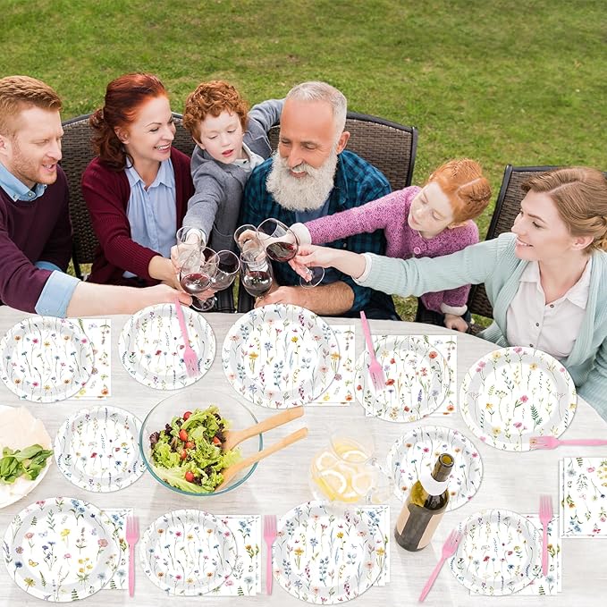 96Pcs Wildflower Party Supplies Floral Themed Paper Plates Napkins Wildflower Butterfly Tableware Disposable Dinnerware Decoration Set for Girls Birthday Wedding Bridal Baby Shower Party Table Decor