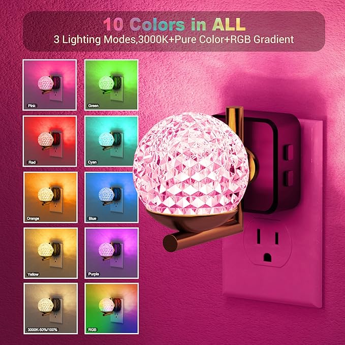 JandCase LED Night Light, 3000K Warm White & RGB Color Changing Night Lights Plug into Wall, Dusk to Dawn Light Sensor, 180° Rotatable Plug in Nightlights for Bathroom, Bedroom, Hallway
