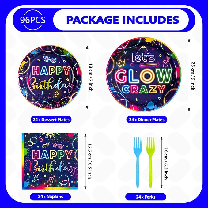 Grencian 96Pcs Neon Party Supplies Let's Glow Party Decorations Glow In The Dark Colorful Plates and Napkins Tableware Neon Birthday Decorations for Baby Shower Game Black Night Themed Favors Serve 24