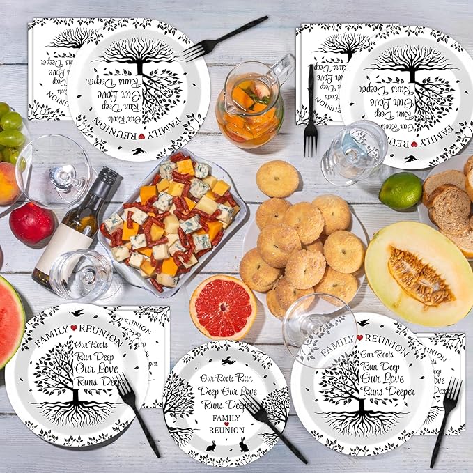 96 Pcs Family Reunion Birthday Party Plates and Napkins for Girls Black and White Family Tree Party Supplies Home Family Tree Leaves Paper Cake Dessert Tableware Set for 24 Guests Party Decorations