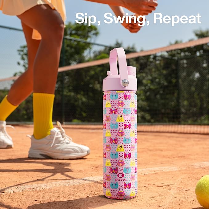 ENCOOL Insulated Water Bottle with Straw Stainless Steel Water Bottle, Leak-Proof, BPA-Free, Double Wall Vacuum Keeps Cold for 24 Hours for Sports, Travel, School (26 oz, Macaron Cat)