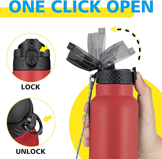 Han's Bottle Sports Water Bottle - 24 Oz, Straw Lid, Leak Proof, Vacuum Insulated Stainless Steel, Double Walled, Thermo Mug,Red