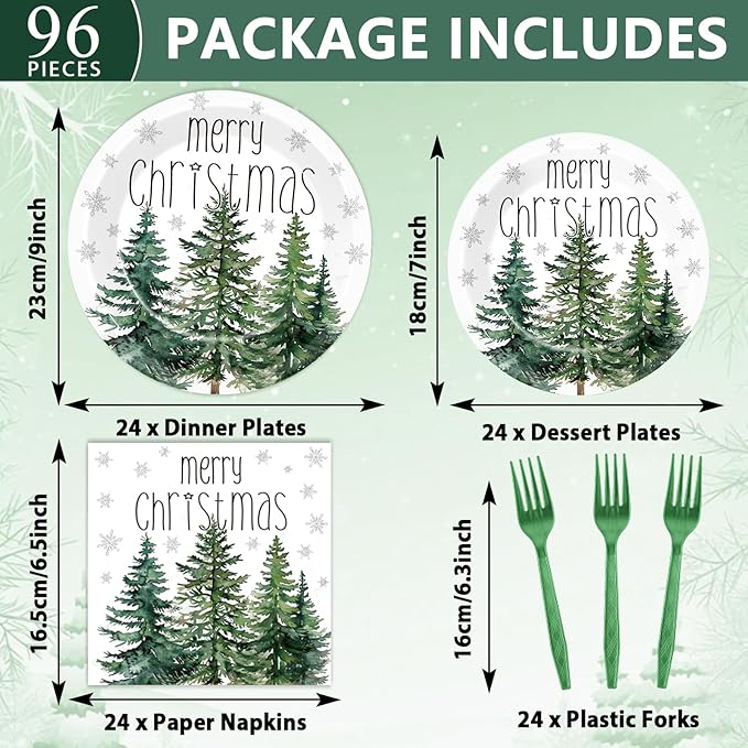 96Pcs Christmas Paper Plates and Napkins for Merry Christmas Watercolor Cedar Snowflake Party Supplies Xmas Pine Trees Party Tableware Set for 24 Guests Holiday Winter Xmas Party Decorations