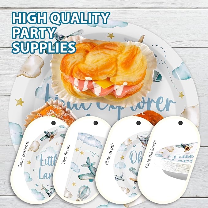 Grencian 96Pcs Airplane Baby Shower Decorations Airplane Boy Baby Shower Paper Plates and Napkins Disposable Party Supplies Plates for Boys Little Explorer Landing Soon Adventure Party Decorations