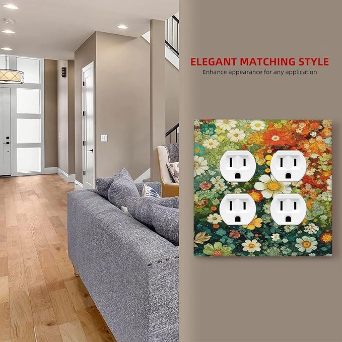 Decorative Light Switch Cover Plate Colorful Flowers Green Plants Meadow Floral 2 Gang Switch Plate Covers Double Duplex Wall Plates Switch Plates and Outlet Covers for Bathroom Bedroom