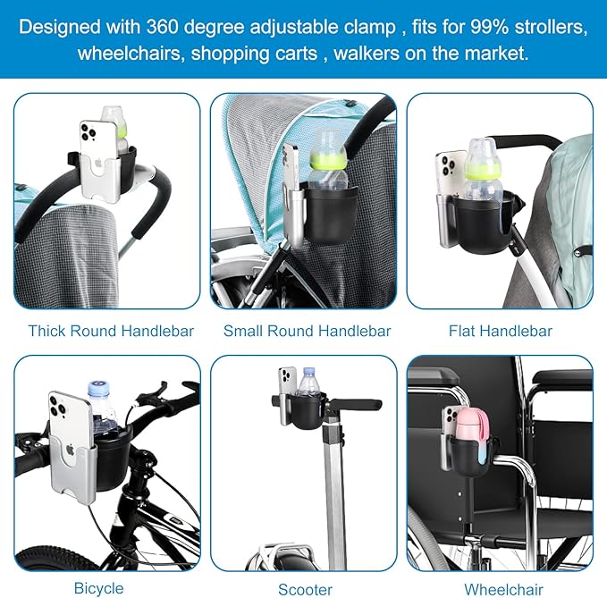 Accmor Stroller Cup Holder with Phone Holder, Bike Cup Holder, Universal Cup Holder for Uppababy Nuna Doona Strollers, 2-in-1 Cup Phone Holder for Stroller Bike Accessory