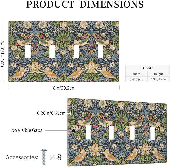 Light Switch Covers Morris Strawberry Thrush Birds Colorful Plants Quad Toggle Electrical Faceplate 4 Gang Wall Plate Decorative Switch Plates For Bed Room Living Room Decor