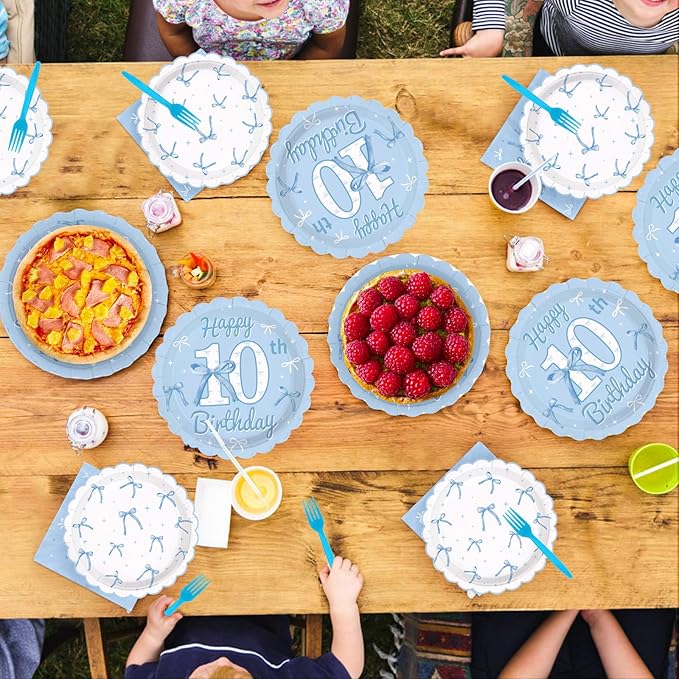 96Pcs Blue Bow 10th Birthday Party Decorations Blue White Happy 10th Birthday Scalloped Plates and Napkins Cute Bow Themed Tableware Set for Girls 10 Years Old Supplies Serves 24