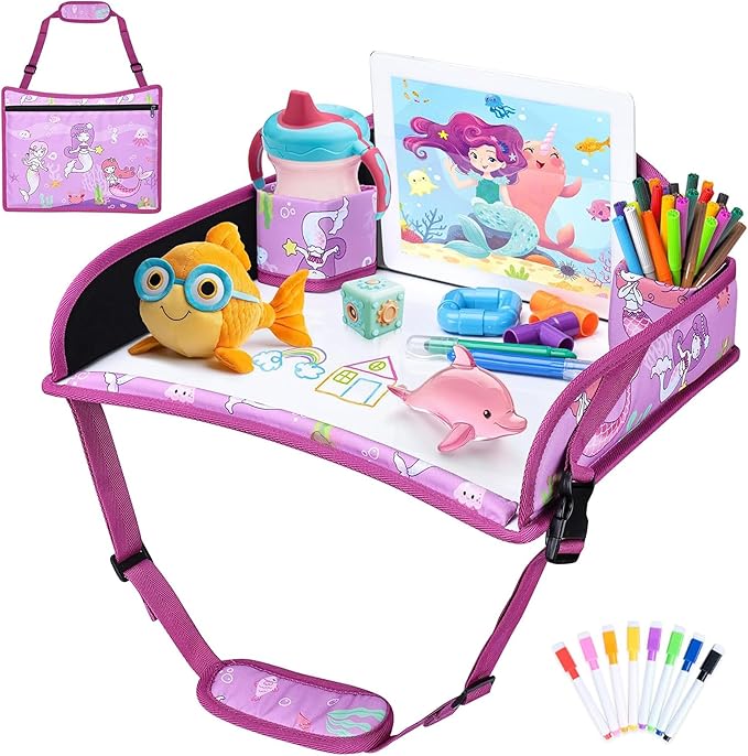 Kids Travel Tray for Toddler Carseat, Road Trip Activities Essentials for Toddler, Kids Lap Desk Tray with Tablet Holder Stand ＆ Dry Erase Board (Mermaid)