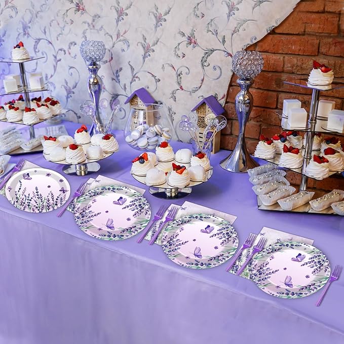 96 Pcs Spring Purple Party Supplies Lavender Paper Plates Napkins Watercolor Floral Cake Dessert Tableware Set Flower Butterfly Dinnerware for Summer Birthday Party Shower Decoration Serve 24