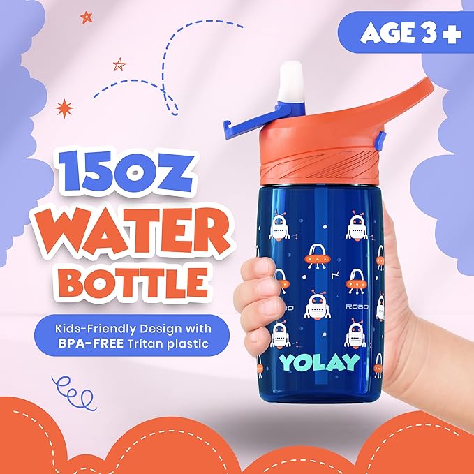 YOLAY 15oz Kids Water Bottle For School Boys and Girls, Durable Toddler Water Bottle with Straw Lid Leak-Proof, Spill Proof, Easy Clean and Dishwasher Safe with Re-Usable and BPA Free - Robo