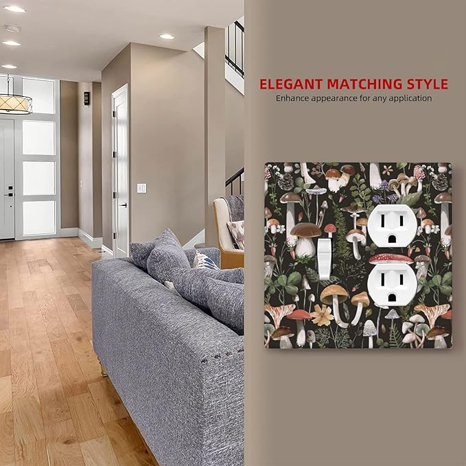 Decorative Vintage Mushroom 2-Gang 1-Toggle 1-Duplex Device Combination Wall Plate, Forest Botany Leaf Gothic Black Boho Floral One Toggle Switch/Duplex Receptacle Outlet Combo Light Switch Cover