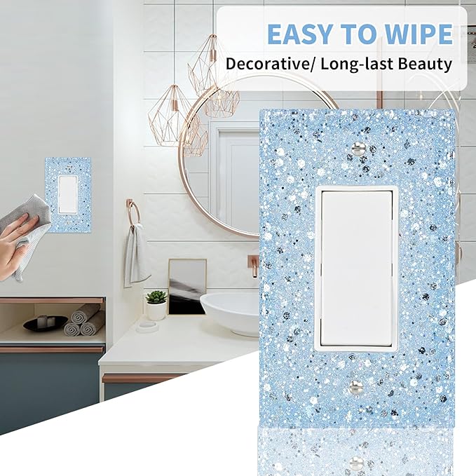 Blue Glitter Light Switch or Outlet Covers - Sparkling Wall Plate 5.1"x3.15", Unique Gift for Her, Housewarming, Home Decor,1-Gang Rocker