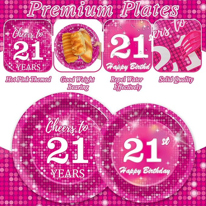 96 Pcs Hot Pink Disco Birthday Party Plates Napkins Tableware Set Pink 21th Supplies Disposable Dinnerware Happy 21 Years Old Decoration Favors for 21th Disco Theme Party Favor, 24 Guests