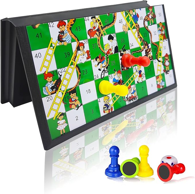 KIDAMI Mini Magnetic Snakes and Ladders Board Game Set, Folding Portable Design and Light-Weight, Travel Game Set Gift for Kids Toddlers (7.64 × 7.64 inches)