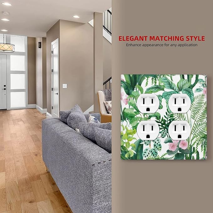 Tropical Palm Leaves Green Jungle Botanical Floral Flowers Outlet Covers 2 Gang Double Duplex Decorative Light Switch Covers Electrical Wallplates Socket Faceplate for Bedroom Living Room Decor