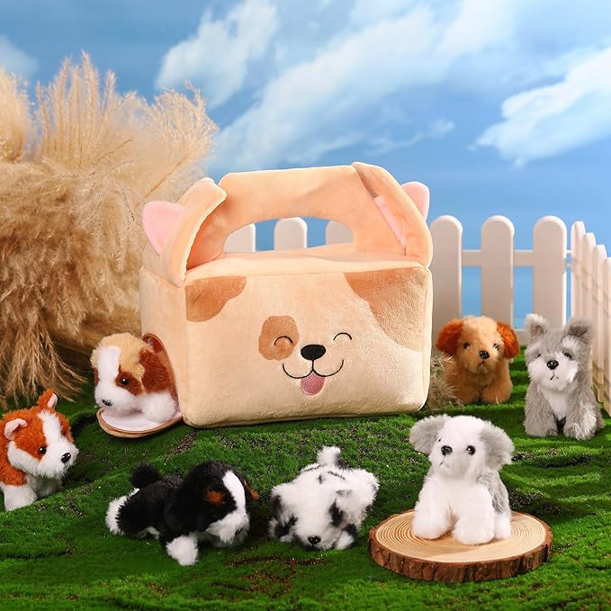 Blueweenly 8 Pcs Small Dog Stuffed Animal Set Plush House with 7 Fluffy Puppy Stuffed Animals Dog Toys for Kids Birthday Gifts Pet Party Favors Classroom Rewards
